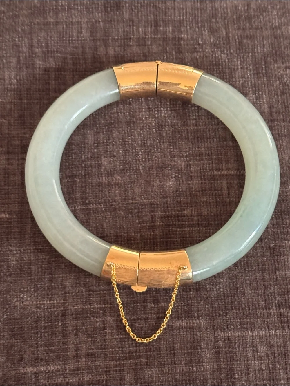 Vintage 14K Yellow Gold, Engraved Hinge and Plunger Clasp Jadeite Jade Bangle